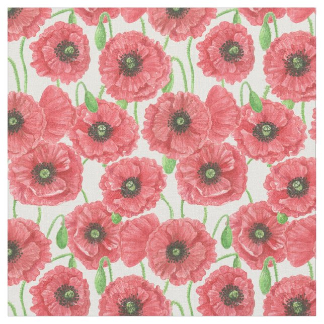 Watercolor poppies floral pattern fabric (Close Up)