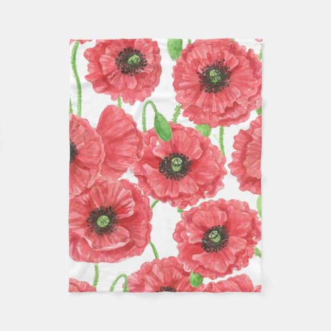 Watercolor poppies floral pattern fleece blanket (Front)