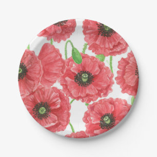 Watercolor poppies floral pattern paper plate