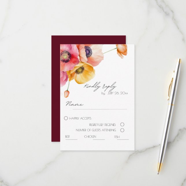  Watercolor Poppies Floral  Wedding RSVP Card (Front/Back In Situ)