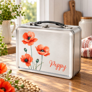 Watercolor Poppies Name Floral Metal Lunch Box