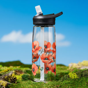 Watercolor Poppies Name Floral Water Bottle