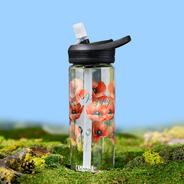 Watercolor Poppies Name Floral Water Bottle (Creator Uploaded)