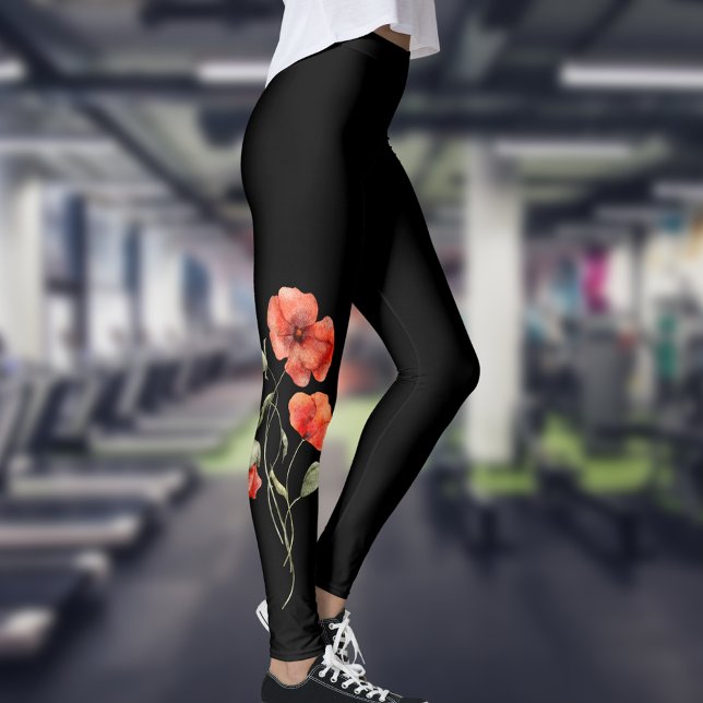 Watercolor Poppies on Black Leggings (Creator Uploaded)
