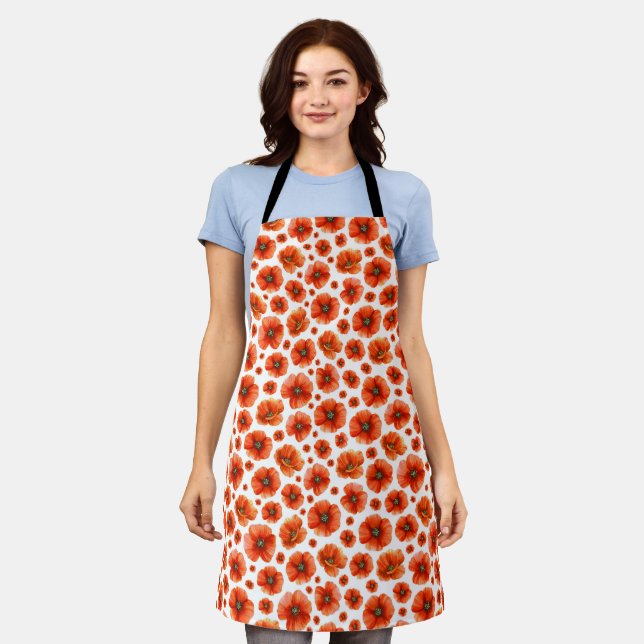 Watercolor Poppies Pattern Apron (Worn)