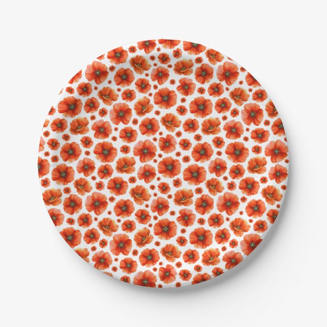 Watercolor Poppies Pattern Paper Plate (Front)