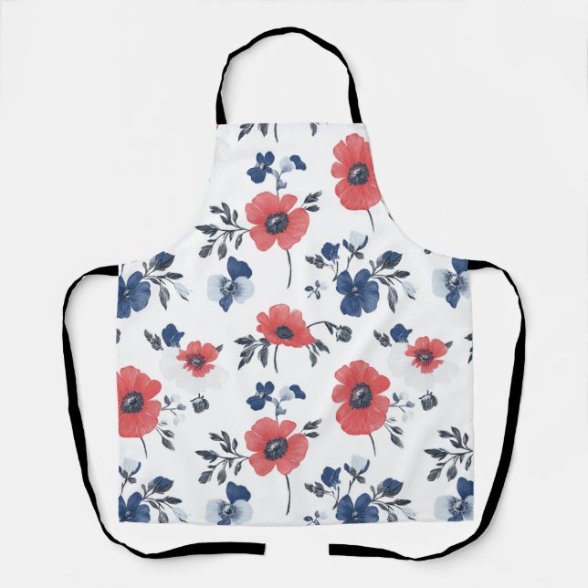 Watercolor Poppies Pattern – Red, Blue & White (2) Apron (Front)