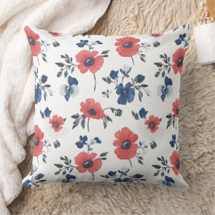 Watercolor Poppies Pattern – Red, Blue & White (2) Cushion