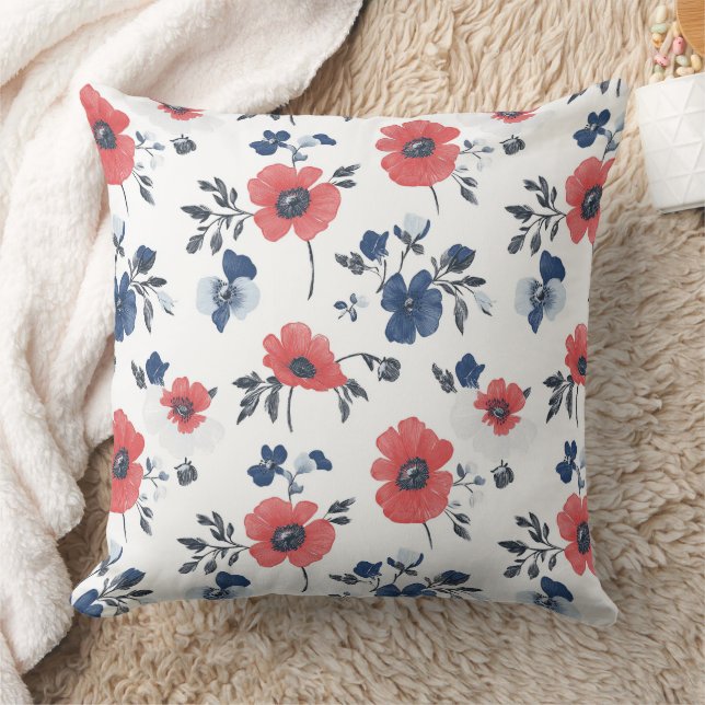 Watercolor Poppies Pattern – Red, Blue & White (2) Cushion (Blanket)