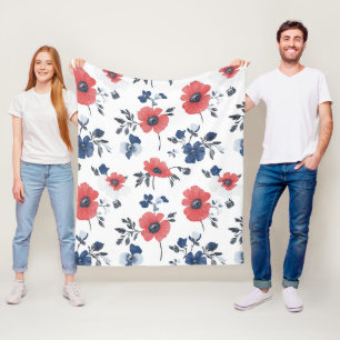 Watercolor Poppies Pattern – Red, Blue & White (2) Fleece Blanket