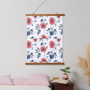 Watercolor Poppies Pattern – Red, Blue & White (2) Hanging Tapestry