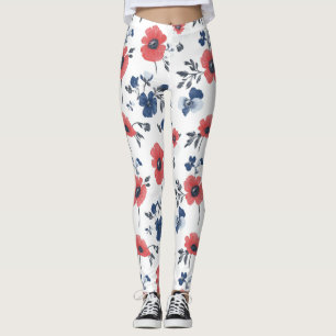 Watercolor Poppies Pattern – Red, Blue & White (2) Leggings