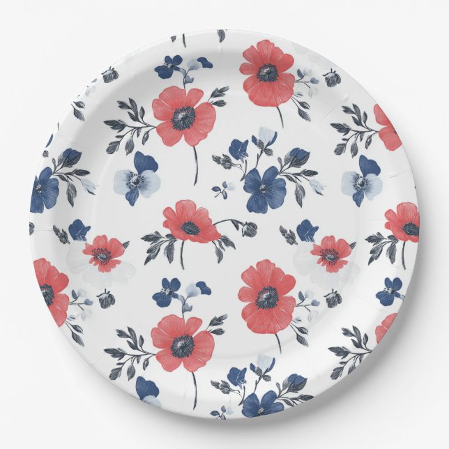 Watercolor Poppies Pattern – Red, Blue & White (2) Paper Plate (Front)