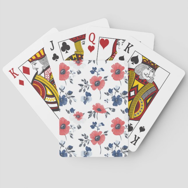 Watercolor Poppies Pattern – Red, Blue & White (2) Playing Cards (Back)