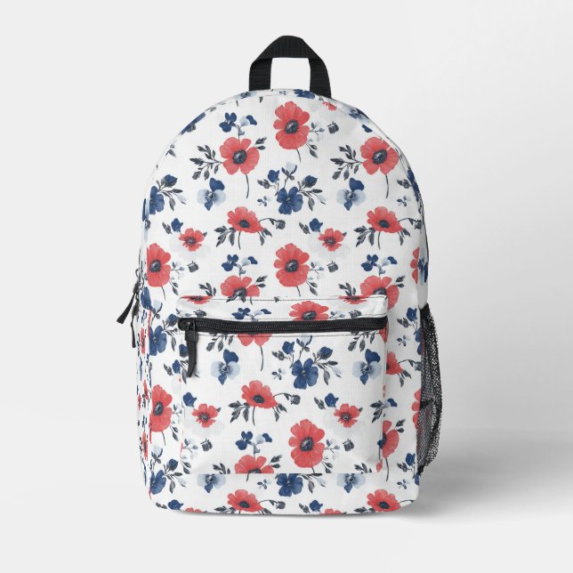 Watercolor Poppies Pattern – Red, Blue & White (2) Printed Backpack (Front)