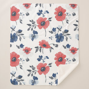 Watercolor Poppies Pattern – Red, Blue & White (2) Sherpa Blanket