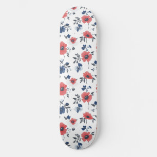 Watercolor Poppies Pattern – Red, Blue & White (2) Skateboard
