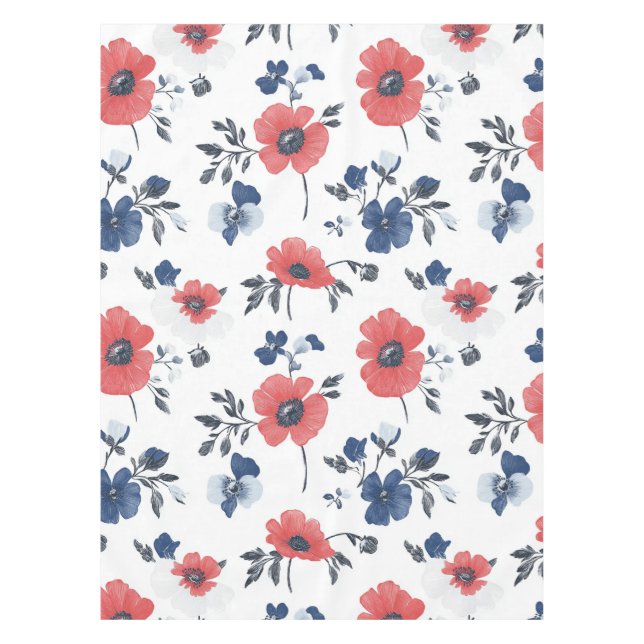 Watercolor Poppies Pattern – Red, Blue & White (2) Tablecloth (Front)