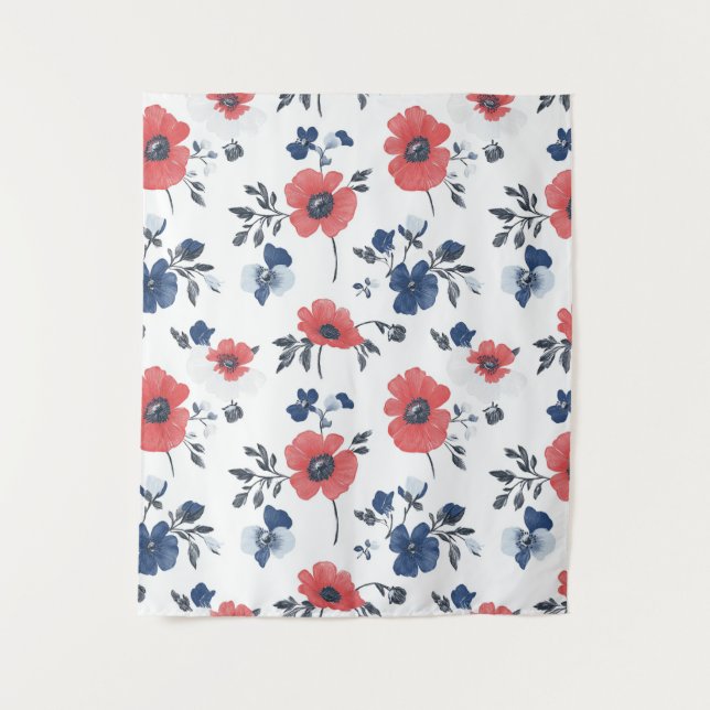 Watercolor Poppies Pattern – Red, Blue & White (2) Tapestry (Front)