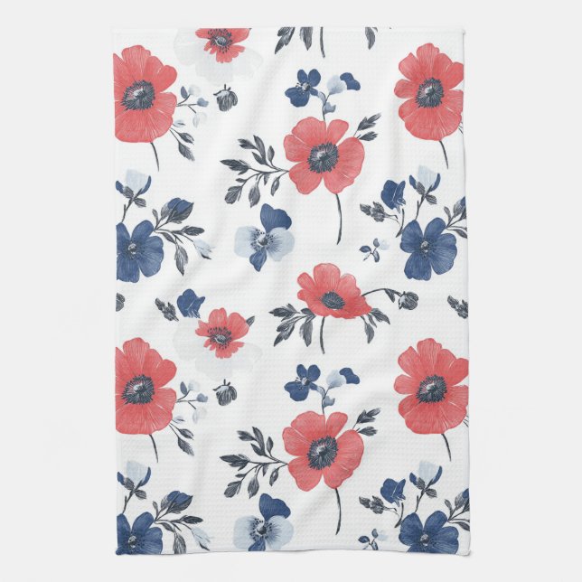 Watercolor Poppies Pattern – Red, Blue & White (2) Tea Towel (Vertical)