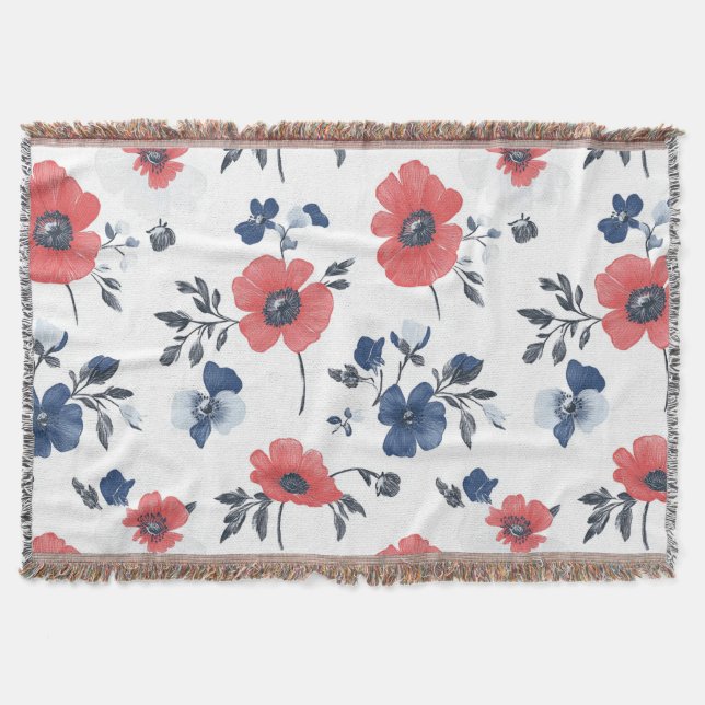 Watercolor Poppies Pattern – Red, Blue & White (2) Throw Blanket (Front)