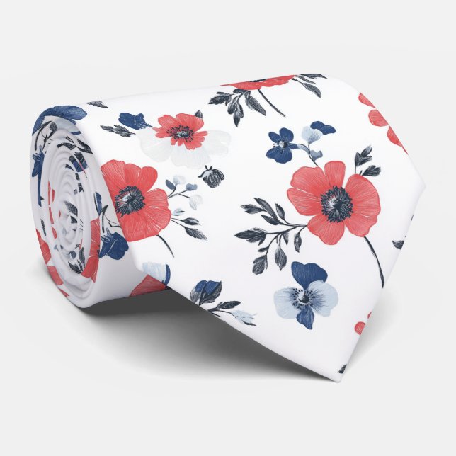 Watercolor Poppies Pattern – Red, Blue & White (2) Tie (Rolled)