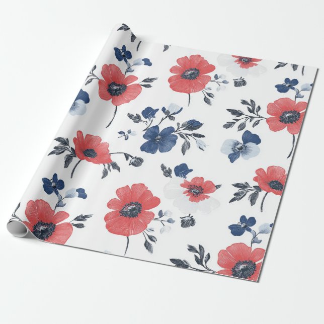 Watercolor Poppies Pattern – Red, Blue & White (2) Wrapping Paper (Unrolled)