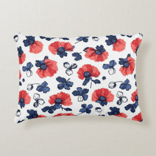 Watercolor Poppies Pattern – Red, Blue & White (3) Decorative Cushion