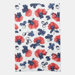 Watercolor Poppies Pattern – Red, Blue & White (3) Tea Towel