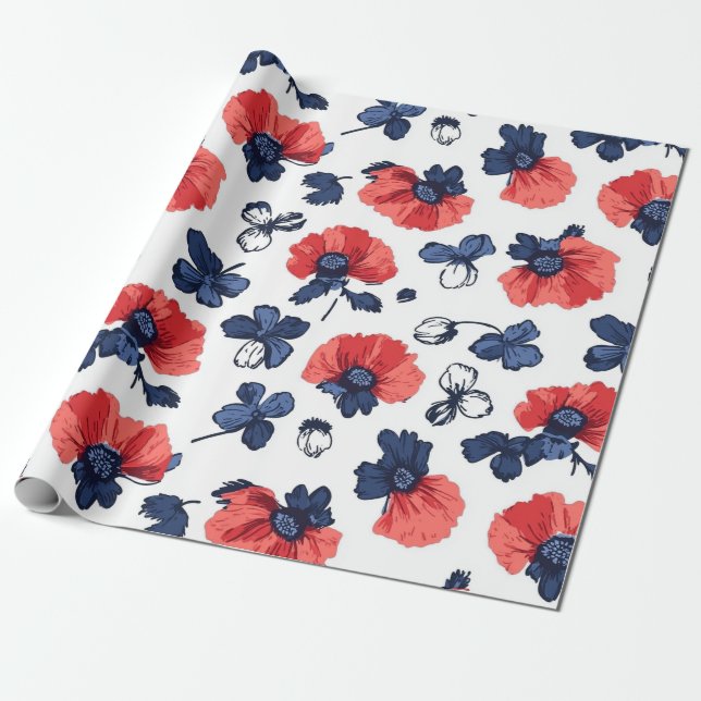 Watercolor Poppies Pattern – Red, Blue & White (3) Wrapping Paper (Unrolled)