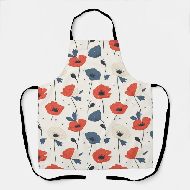 Watercolor Poppies Pattern – Red, Blue & White Apron (Front)