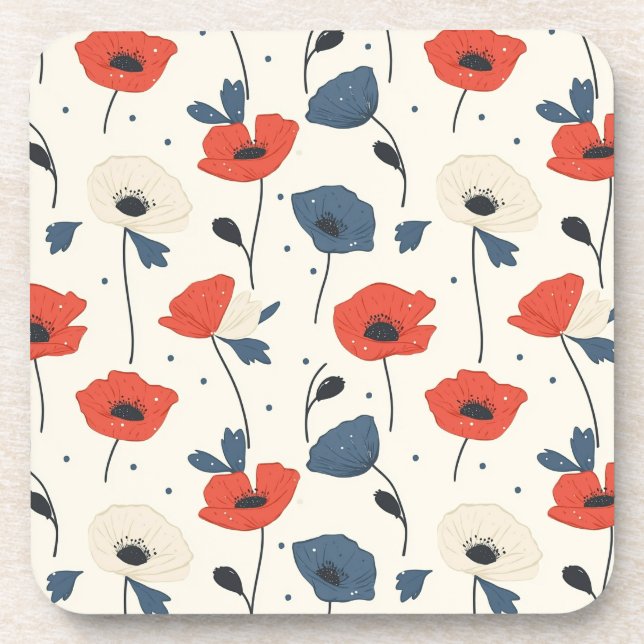 Watercolor Poppies Pattern – Red, Blue & White Coaster (Front)