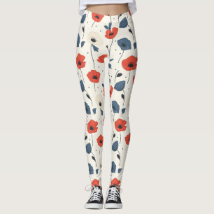 Watercolor Poppies Pattern – Red, Blue & White Leggings