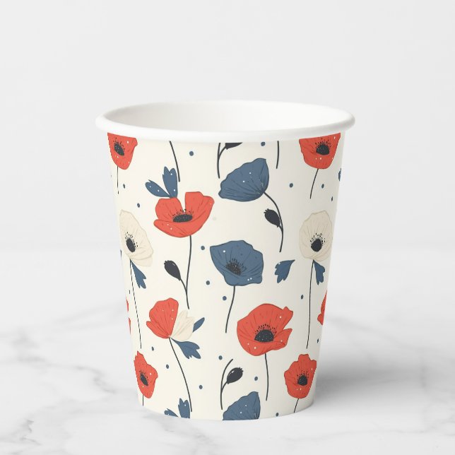 Watercolor Poppies Pattern – Red, Blue & White Paper Cups (Front)