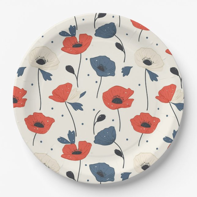 Watercolor Poppies Pattern – Red, Blue & White Paper Plate (Front)