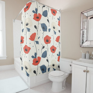 Watercolor Poppies Pattern – Red, Blue & White Shower Curtain