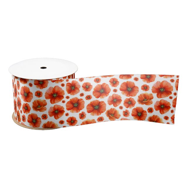 Watercolor Poppies Pattern Satin Ribbon (Spool)