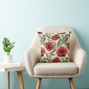 Watercolor Poppies Print Throw Pillow