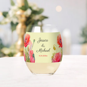 Watercolor Poppies Spring Wedding  Stemless Wine Glass