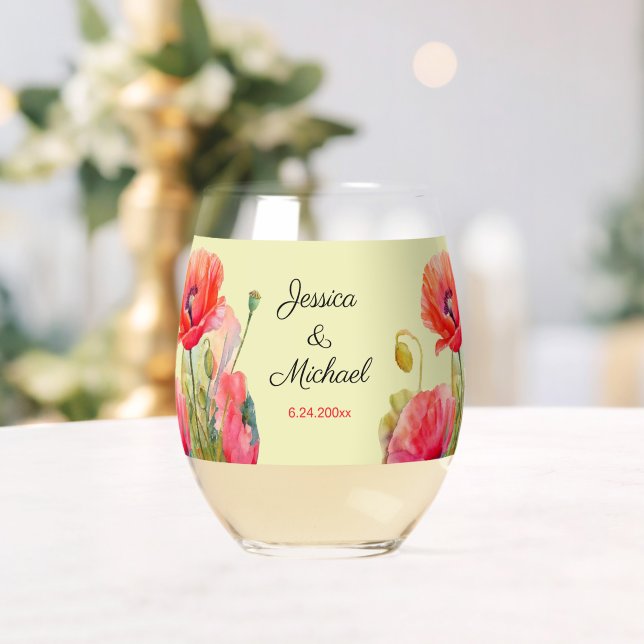 Watercolor Poppies Spring Wedding  Stemless Wine Glass (Insitu (Wedding))