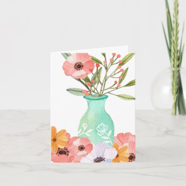 Watercolor Poppies, Vase, Mother's Day small Card (Front)