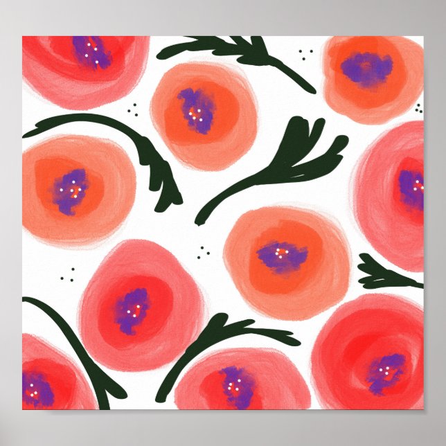 Watercolor Poppies Warm Bold Doodle Art Poster (Front)
