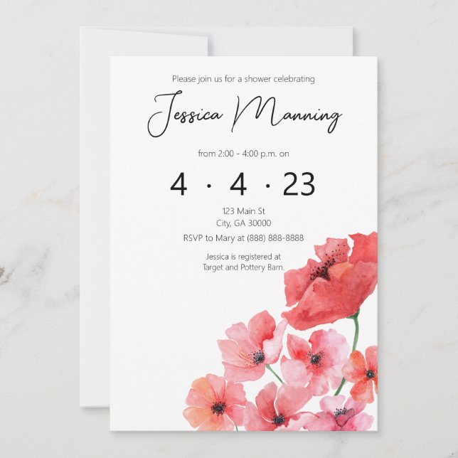 Watercolor Poppy Bridal Shower Invitation (Front)