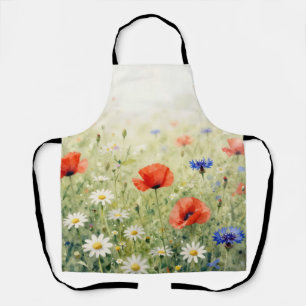 Watercolor Poppy Daisy Cornflower Meadow Pattern Apron
