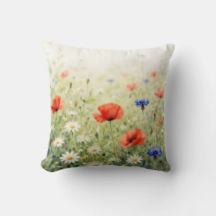 Watercolor Poppy Daisy Cornflower Meadow Pattern Cushion