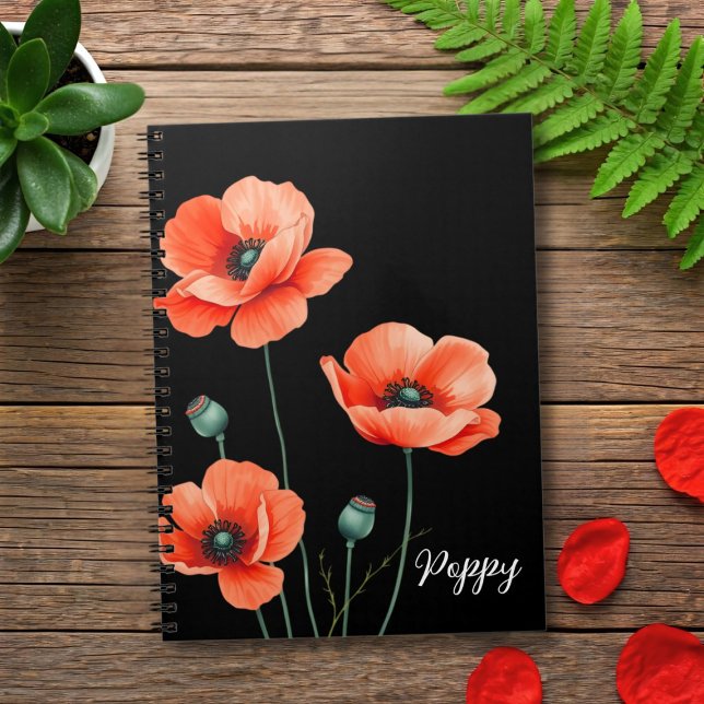 Watercolor Poppy Flower Art Name Floral Notebook (A pretty poppy notebook with space for your name)