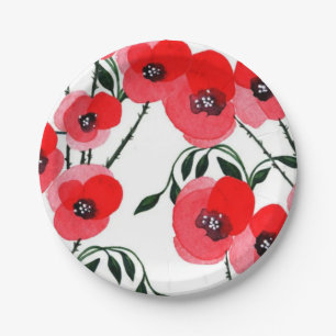 Watercolor poppy flowers botanical paper plate