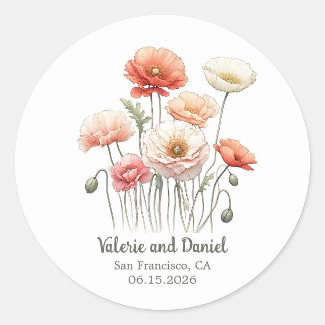 Watercolor Poppy Flowers Pretty Custom Wedding  Classic Round Sticker (Front)