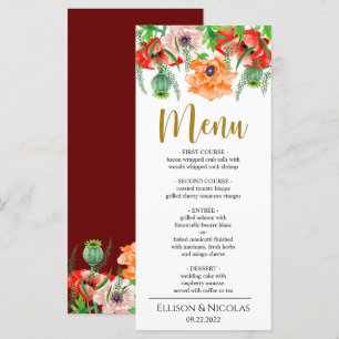 Watercolor Poppy Flowers Wedding Dinner Menu
