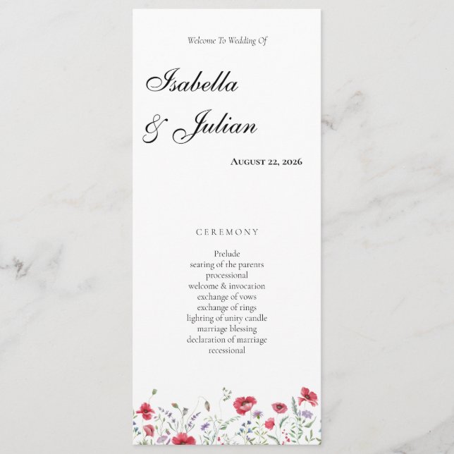 Watercolor Poppy & Lavender Floral Wedding Programme (Front)